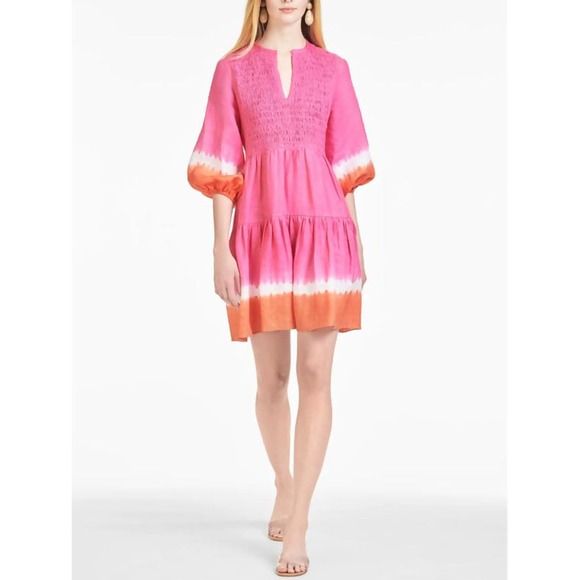Sachin + Babi Coco Split Neck Cotton Tie Dye Pink Orange Mini Dress Sz XS